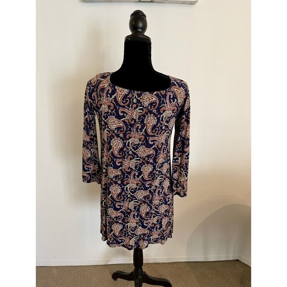 Boohoo Navy and Orange Paisley 3/4 Sleeve Mini Dress Size 12 Large - Picture 4 of 6